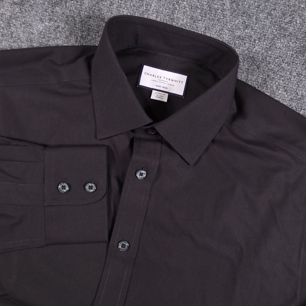Charles Tyrwhitt Dress Shirt Mens 16-34 Black Classic Fit Non-Iron Button Up